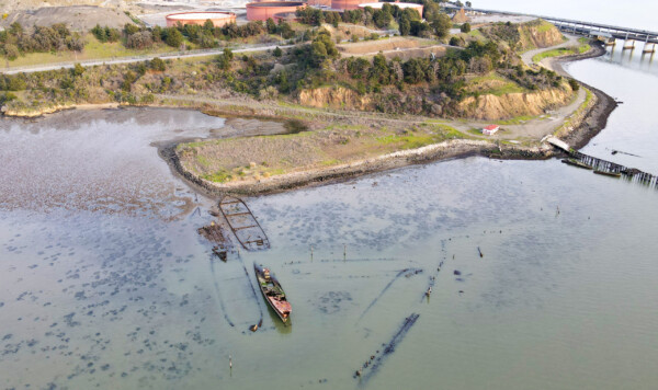 Aerial view of the sunken shipyard facing east